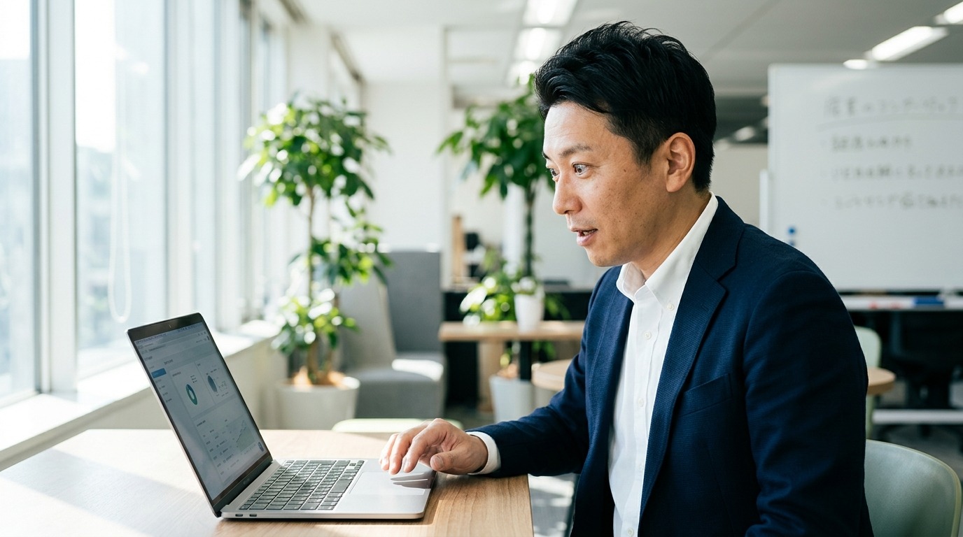 経営者が初めてAIアプリを触って感心している場面