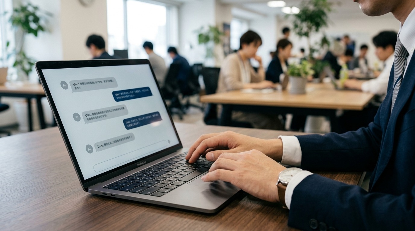 ノートパソコンでAIとの会話画面に向かうビジネスパーソンの手元