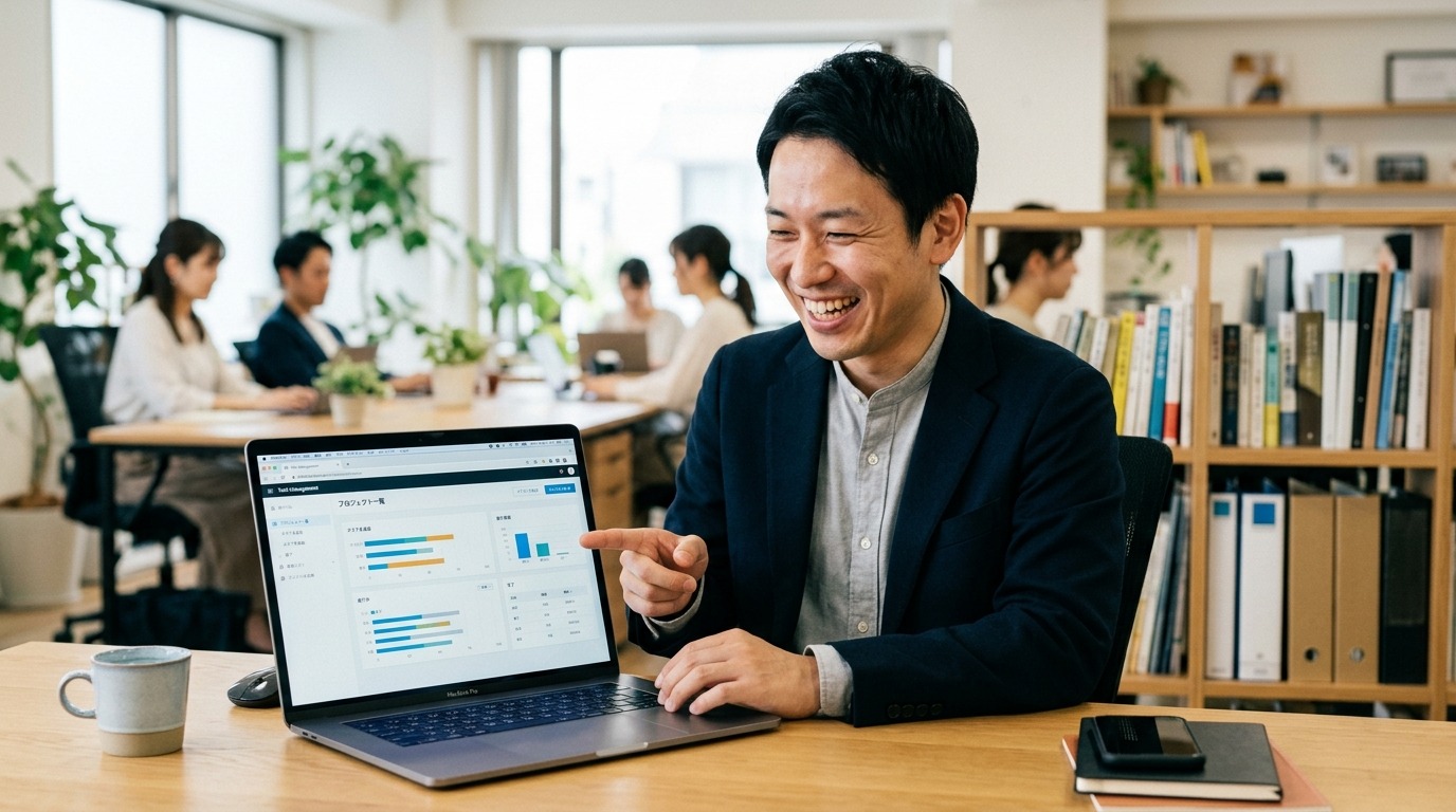 完成したアプリを表示して喜ぶ経営者