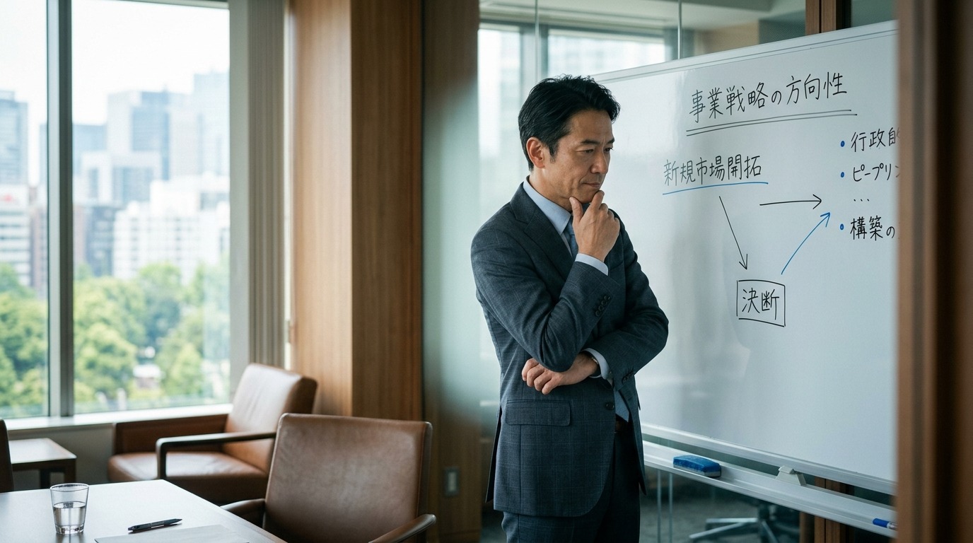 会議室でホワイトボードを前に考え込む経営者